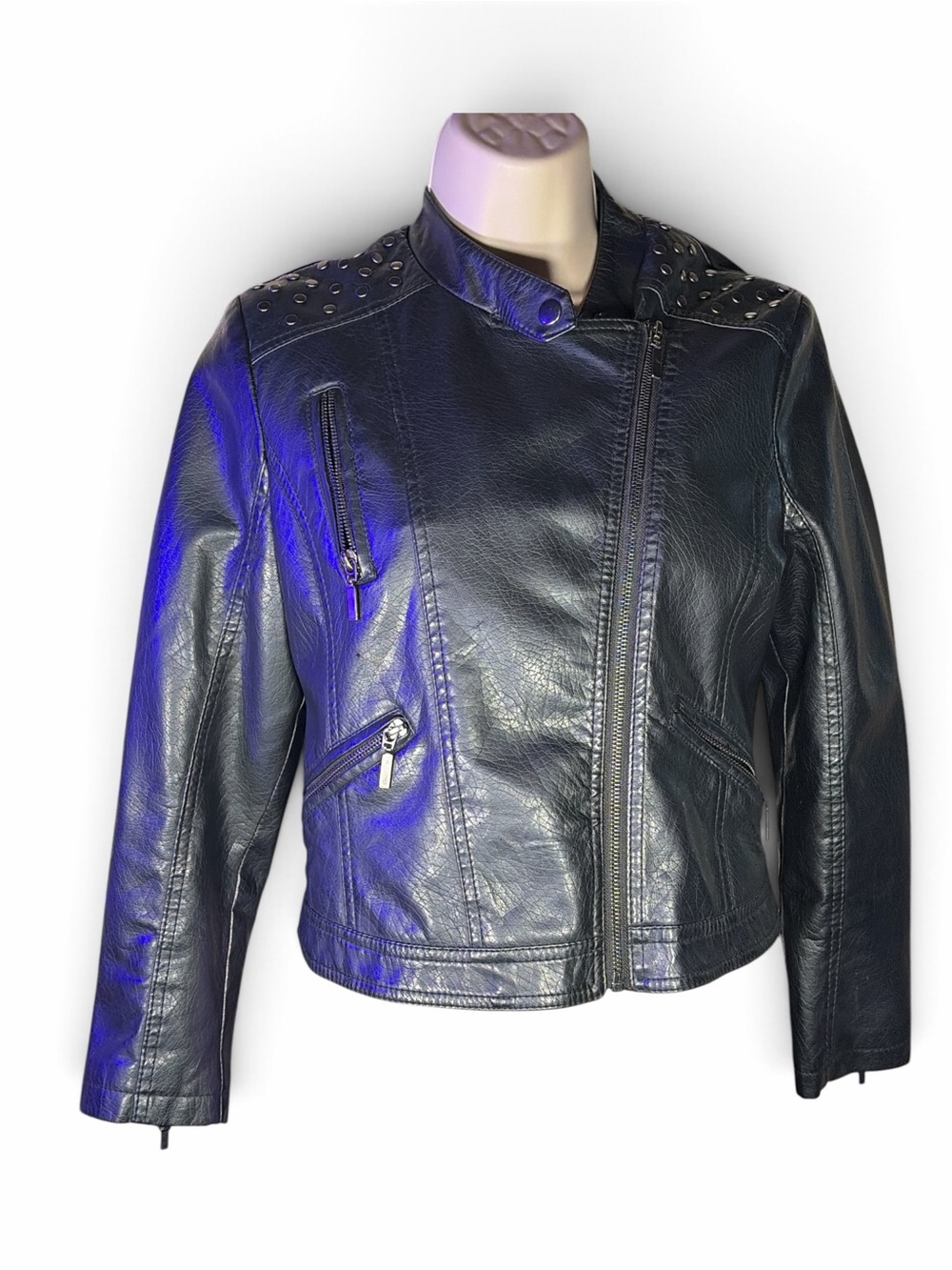 Women's Black Stud-Shoulder Asymmetric Leather Jacket